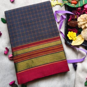 Plus Check Cotton Saree - Charcoal Blue