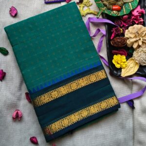 Plus Check Cotton Saree - Deep Green
