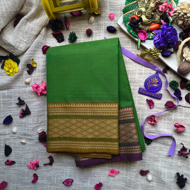 60 Count Chettinad Cotton Saree – Green with Ganga Jamuna Contrast Border-chennai-mumbai-karnataka-kerala-andhra-tirupathi