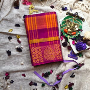 60-Count-Chettinad-Cotton-Saree-–-Magenta-Checks-with-Orange-Gold-Border-Saree-chennai-mumbai-bangalore-tamilnadu-pure-checked-cotton-saree-kerala-karnataka