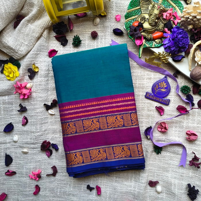 60 Count Chettinad Cotton Saree – Peacock Teal Blue with Rani Pink Border-without blouse chennai-bangalore-pune-mumbai-pure cotton saree-sale-Kalawanti Cotton 60-Count-Chettinad-Cotton-Saree-–-Peacock-Teal-Blue-with-Rani-Pink-Border-without-blouse-chennai-bangalore-pune-mumbai-pure-cotton-saree-sale-Kalawanti-Cotton