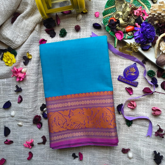 60-Count-Chettinad-Cotton-Saree-–-Peacock-Teal-Blue-with-Rani-Pink-Border-without-blouse-chennai-bangalore-pune-mumbai-pure-cotton-saree