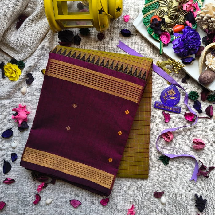 80-Count-Chettinad-Checked-Cotton-Saree-–-Double-Shade-Green-Mustard-with-Big-Wine-Border-and-Putta-checked-cotton-saree-chennai-mumbai-kerala-karnataka-pure-cotton-saree-kalawanti