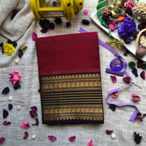 80 Count Chettinad Cotton Saree – Deep Maroon Body with Black & Antique Gold Grand Kanchi Border