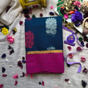 80 Count Chettinad Cotton Saree – Navy Blue with Magenta Border & Floral putta and Pallu