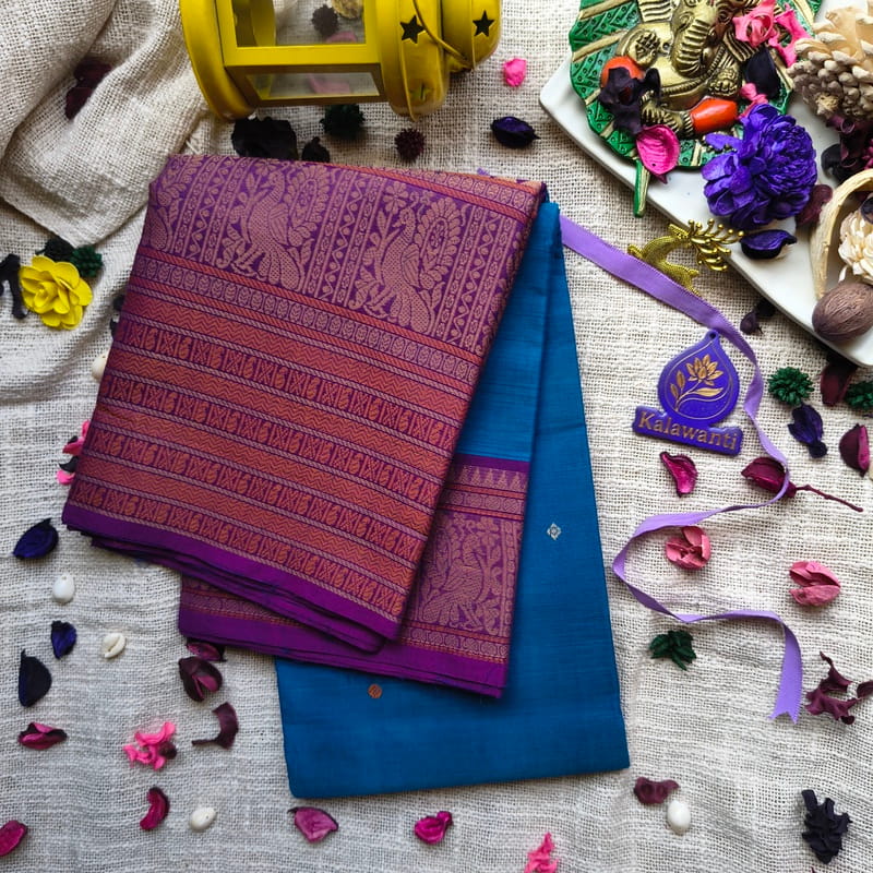 80 Count Kanchi Cotton Saree – Royal Blue Body with Purple & Copper Zari Border -chennai-kanchipuram-double butta-mumbai-bangalore-chennai 80-Count-Kanchi-Cotton-Saree-–-Royal-Blue-Body-with-Purple-Copper-Zari-Border-chennai-kanchipuram-double-butta-mumbai-bangalore-chennai