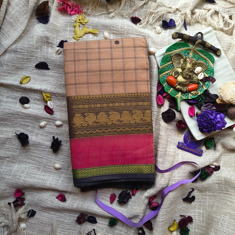 Beige-chettinadu-cotton-Saree-with-fine-black-checks-rich-maroon-Kanchi-border-style-pure-cotton-saree-chennai-bangalore-kanchipuram-coimbatore-Soft-Cotton-saree