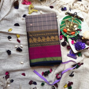 Chettinad-Cotton-Checked-Saree-–-Grey-Checks-with-Maroon-and-Green-Borders-chennai-pure-cotton-sarees-kalawanti-chennai-mumbai-delhi-kerala-karnataka-best-cotton-saree