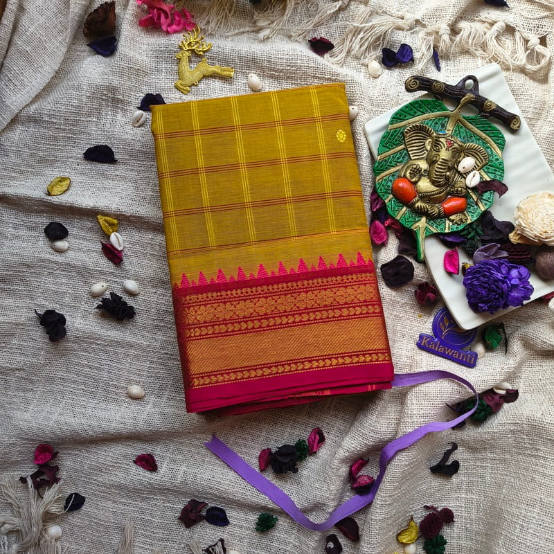 Chettinad-Cotton-Checked-Saree-–-Mustard-Yellow-with-Pink-Orange-Borders-Chennai-mumbai-kerala-karnataka-pune-delhi-kalawanti-sarees-supplier-buy-online