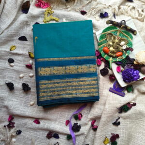 Chettinad-Cotton-Saree-–-Blue-with-Antique-Gold-Border-Pure-chettinadu-cotton-saree-chennai-mumbai-kanchi-cotton-saree-chettinadu-pure-cotton-saree-mumbai-pune-kanchi-border-saree-kerala