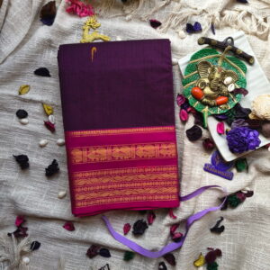 Chettinad-Cotton-Saree-–-Deep-Purple-Body-with-Magenta-Antique-Gold-Border-pure-cotton-saree-putta-saree-karaikudi-chettinadu-cotton-buy-online-kalawanti-saree