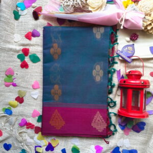 Chettinadu-Cotton-Saree-in-Deep-Teal-Blue-with-Magenta-Border-saree-Pure-light-weight-saree-Chennai-kerala-mumbai-bangalore-tirupathi-pure-cotton-saree-Kalawan