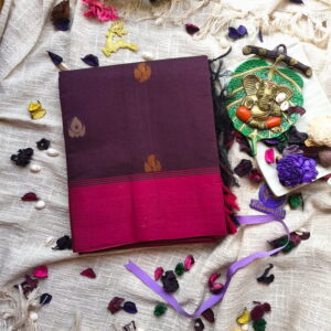 Chettinadu Cotton Saree with Blouse - Wine & Magenta Border - No Zari - Small Border