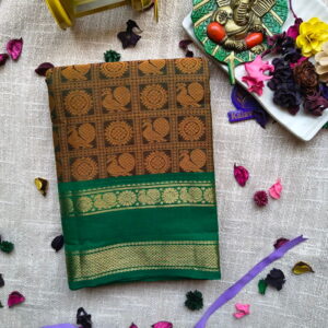 Kanchi Thousand Butta Cotton Saree – Brass Brown & Green Double Shade