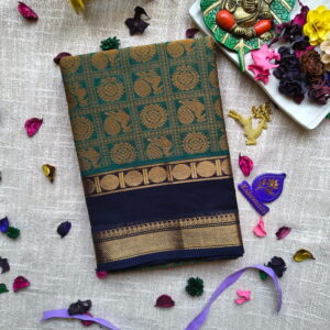 Kanchi Thousand Butta Cotton Saree – Green with Purple Border with Blouse