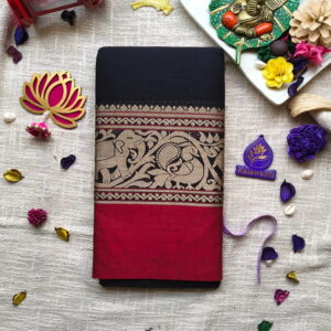Black-Red-border-Narayanpet-Pure-Cotton-Saree-with-Elephant-Border-and-Running-Blouse-pure-cotton-saree-trendy-cotton-saree-genzy-saree-collection