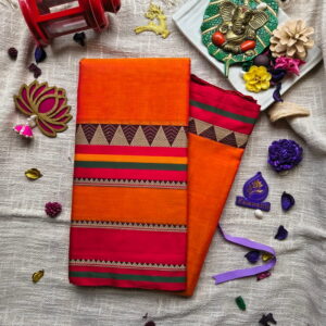 Bright-Orange-Narayanpet-Pure-Cotton-Handloom-Saree-with-Magenta-Contrast-Border-with-Blouse-Pure-trendy-cotton-saree-trendy-saree-collection-chennai-coimbatore-krishnagiri