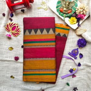 Dark-Red-Narayanpet-Pure-Cotton-Handloom-Saree-with-Mustard-Contrast-Border-with-Blouse-Multi-colored-big-border-tamilnadu-kerala-pune-mumbai-pondicherry-chennai