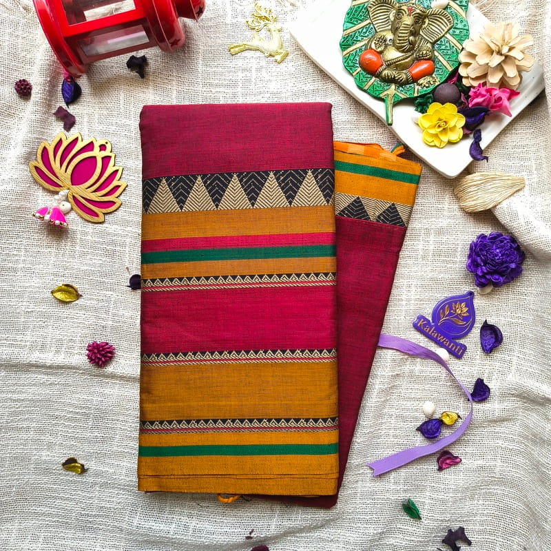Dark-Red-Narayanpet-Pure-Cotton-Handloom-Saree-with-Mustard-Contrast-Border-with-Blouse-Multi-colored-big-border-tamilnadu-kerala-pune-mumbai-pondicherry-chennai
