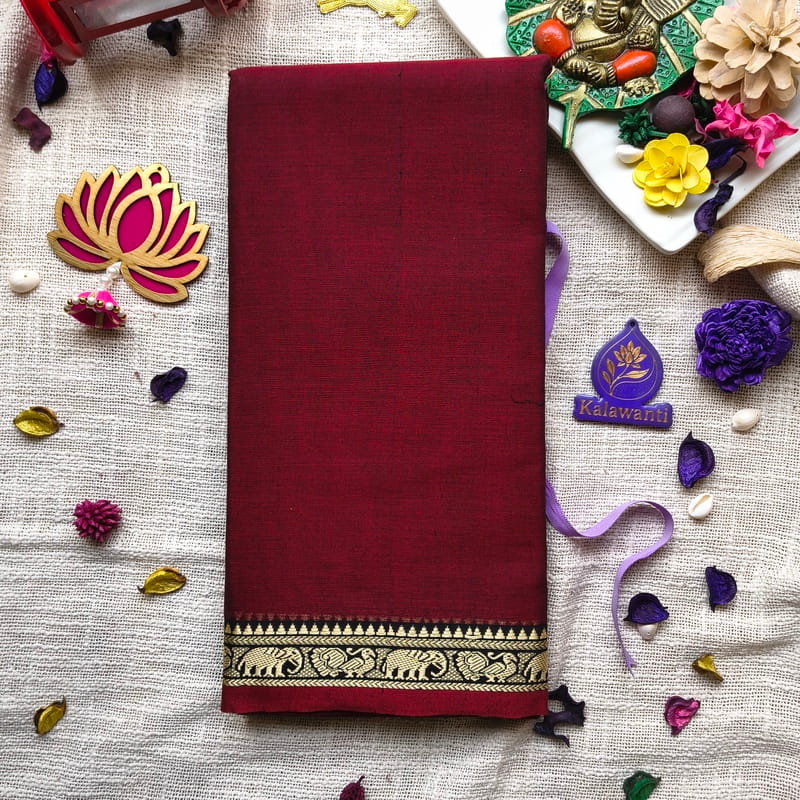 Deep-Maroon-Narayanpet-Pure-Cotton-Saree-with-Elephant-Border-and-Running-Blouse-Pure-Cotton-saree-best-trending-cotton-saree-chennai-mumbai-pune-karnataka