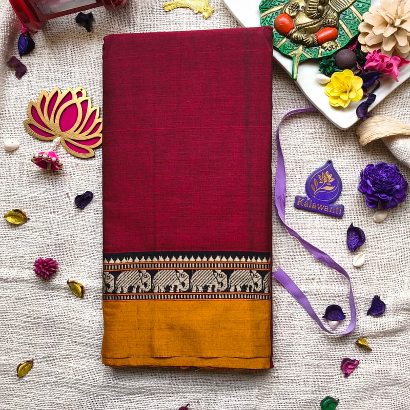 Maroon-Narayanpet-Pure-Cotton-Saree-with-Elephant-Border-and-Blouse-Hosur-Pudukkottai-Hosur-Krishnagiri-Ambur-Tirupattur-Sivagangai-Neyveli-Cuddalore