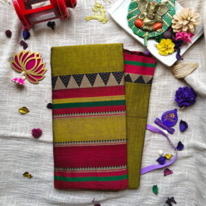 Narayanpet-Handloom-Cotton-Saree-with-Blouse-Olive-Green-multi-color-border-with-Blouse-chennai-coimbatore-mumbai-vellore-neyveli-nagarcoil