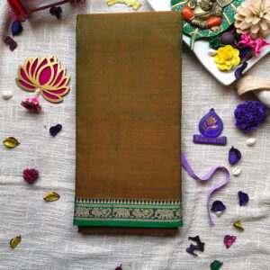 Olive-Brown-Narayanpet-Pure-Cotton-Saree-with-Elephant-Border-and-Running-Blouse-Small-Border-Tamilnadu-kerala-Buy-pure-cotton-sarees-by-kalawanti