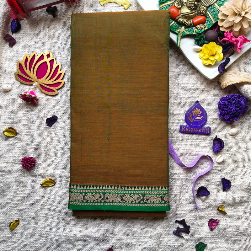 Olive Brown Narayanpet Pure Cotton Saree with Elephant Border and Running Blouse - Small Border-Tamilnadu-kerala-Buy pure cotton sarees by kalawanti Olive-Brown-Narayanpet-Pure-Cotton-Saree-with-Elephant-Border-and-Running-Blouse-Small-Border-Tamilnadu-kerala-Buy-pure-cotton-sarees-by-kalawanti
