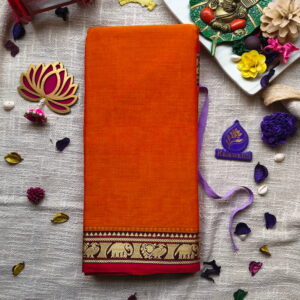 Orange-Narayanpet-Pure-Cotton-Saree-with-Elephant-Border-and-Running-Blouse-Small-Border-Trichy-Thoothukudi-Tirunelveli-Kanyakumari-Erode