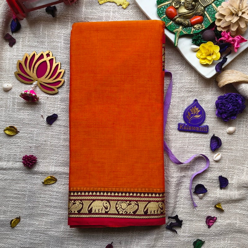 Orange-Narayanpet-Pure-Cotton-Saree-with-Elephant-Border-and-Running-Blouse-Small-Border-Trichy-Thoothukudi-Tirunelveli-Kanyakumari-Erode
