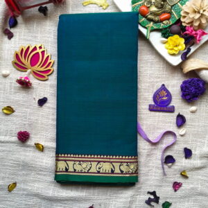 Teal-Blue-Narayanpet-Pure-Cotton-Saree-with-Elephant-Border-and-Running-Blouse-Small-Border-Pure-cotton-saree-kochi-palakad-krishnagiri