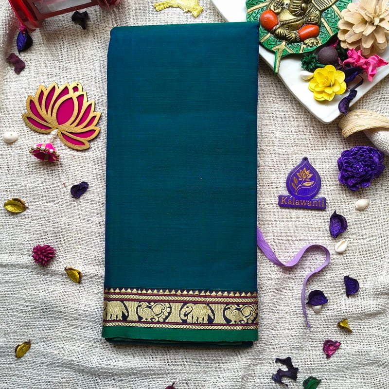 Teal Blue Narayanpet Pure Cotton Saree with Elephant Border and Running Blouse - Small Border-Pure cotton saree-kochi-palakad-krishnagiri Teal-Blue-Narayanpet-Pure-Cotton-Saree-with-Elephant-Border-and-Running-Blouse-Small-Border-Pure-cotton-saree-kochi-palakad-krishnagiri