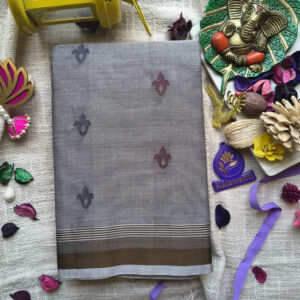 Kalawanti-80-count-Pure-Cotton-Saree-–-Grey-saree-with-Stripe-Brown-border-black-and-red-Motifs-with-running-blouse-no-zari-chennai-tirupathi-bangalore-chennai-hosur