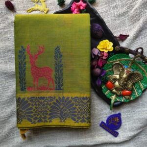 80-Count-Chettinadu-Cotton-Saree-Olive-Green-with-Deer-Motif-Body-and-Floral-Pallu-Chennai-Tamilnadu-Andhara-karnataka-kerala