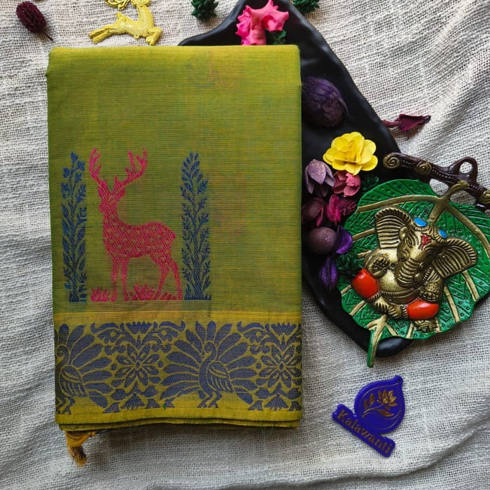 80-Count-Chettinadu-Cotton-Saree-Olive-Green-with-Deer-Motif-Body-and-Floral-Pallu-Chennai-Tamilnadu-Andhara-karnataka-kerala
