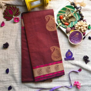 80-Count-Chettinadu-Cotton-Saree-in-Rust-Maroon-with-Beige-Magenta-Border-Chennai-Tamilnadu-Andhara-karnataka-kerala