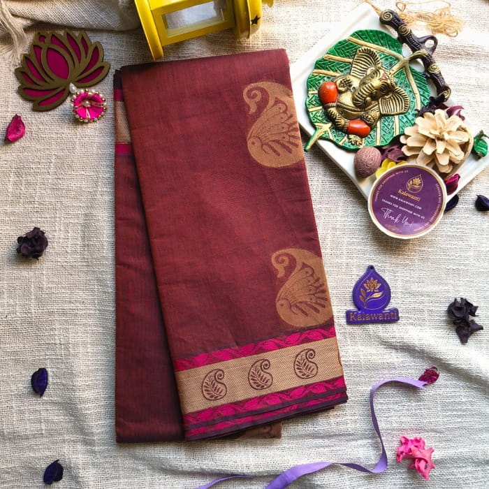 80 Count Chettinadu Cotton Saree in Rust Maroon with Beige & Magenta Border-Chennai-Tamilnadu-Andhara-karnataka-kerala 80-Count-Chettinadu-Cotton-Saree-in-Rust-Maroon-with-Beige-Magenta-Border-Chennai-Tamilnadu-Andhara-karnataka-kerala