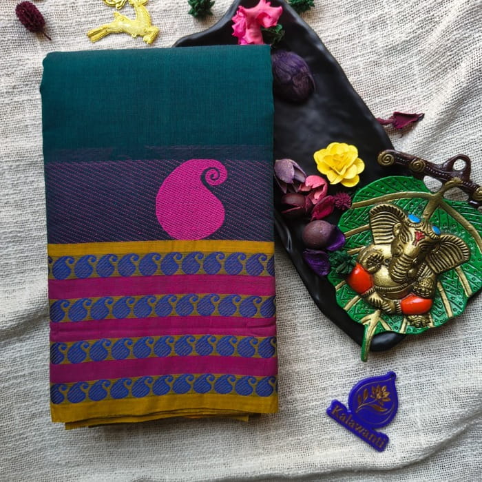 80-Count-Chettinadu-Cotton-Saree-–-Teal-Green-with-Magenta-Paisley-Border-Chennai-Tamilnadu-Andhara-karnataka-kerala