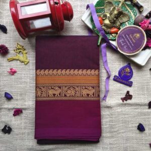 80-Count-Kanchi-Cotton-Saree-in-Deep-Wine-with-Traditional-Elephant-Zari-Border-Chennai-Tamilnadu-Andhara-karnataka-kerala