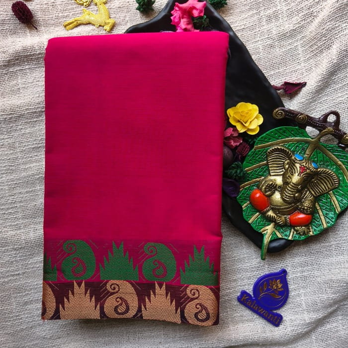 80-Count-Kanchi-Cotton-Saree-–-Bright-Magenta-Pink-Sand-Gold-with-dark-maroon-border-Chennai-Tamilnadu-Andhara-karnataka-kerala