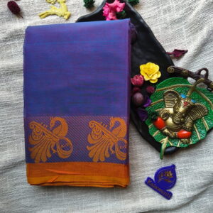 80-Count-Kanchi-Cotton-Saree-–-Royal-Indigo-with-Copper-Orange-Border-with-Blouse-Chennai-Tamilnadu-Andhara-karnataka-kerala