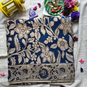 Indigo-Blue-Kalamkari-Hand-Printed-Cotton-Saree-with-Floral-Vine-Motifs-Chennai-Tamilnadu-Andhara-karnataka-kerala