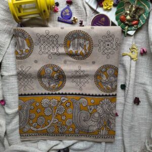 Kalamkari-Hand-Printed-Cotton-Saree-in-Beige-with-Mustard-Traditional-Motifs-Chennai-Tamilnadu-Andhara-karnataka-kerala