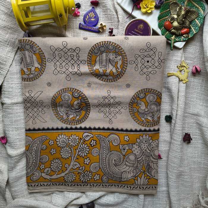 Kalamkari-Hand-Printed-Cotton-Saree-in-Beige-with-Mustard-Traditional-Motifs-Chennai-Tamilnadu-Andhara-karnataka-kerala