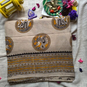 Kalamkari-Hand-Printed-Cotton-Saree-–-Beige-with-Elephant-Medallion-Motifs-Chennai-Tamilnadu-Andhara-karnataka-kerala