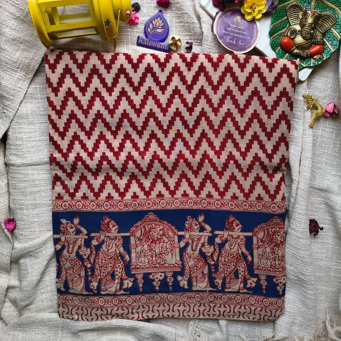 Kalamkari-Hand-Printed-Cotton-Saree-–-Beige-with-Maroon-Zigzag-Royal-Blue-Pallu-Chennai-Tamilnadu-Andhara-karnataka-kerala