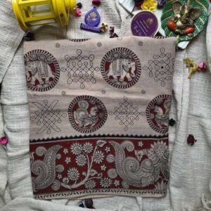 Kalamkari-Hand-Printed-Cotton-Saree-–-Deep-maroon-with-Off-white-motif-filling-Chennai-Tamilnadu-Andhara-karnataka-kerala