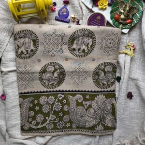 Kalamkari-Hand-Printed-Cotton-Saree-–-Light-Grey-with-Olive-Green-Pallu-Chennai-Tamilnadu-Andhara-karnataka-kerala