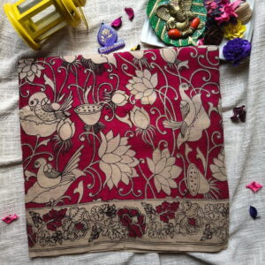 Kalamkari-Hand-Printed-Cotton-Saree-–-Maroon-with-Lotus-Bird-Motifs-Chennai-Tamilnadu-Andhara-karnataka-kerala