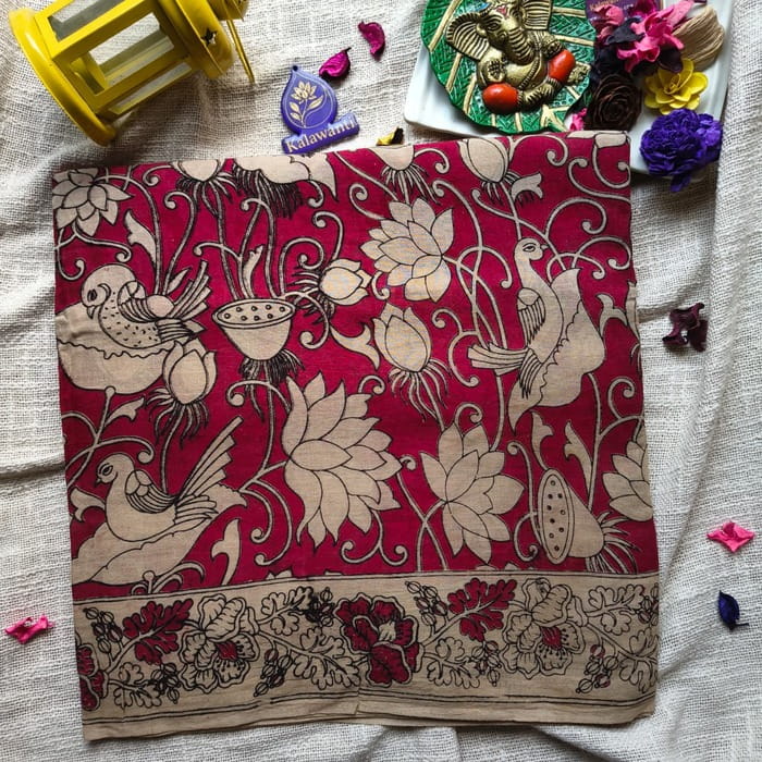 Kalamkari Hand-Printed Cotton Saree – Maroon with Lotus & Bird Motifs-Chennai-Tamilnadu-Andhara-karnataka-kerala Kalamkari-Hand-Printed-Cotton-Saree-–-Maroon-with-Lotus-Bird-Motifs-Chennai-Tamilnadu-Andhara-karnataka-kerala